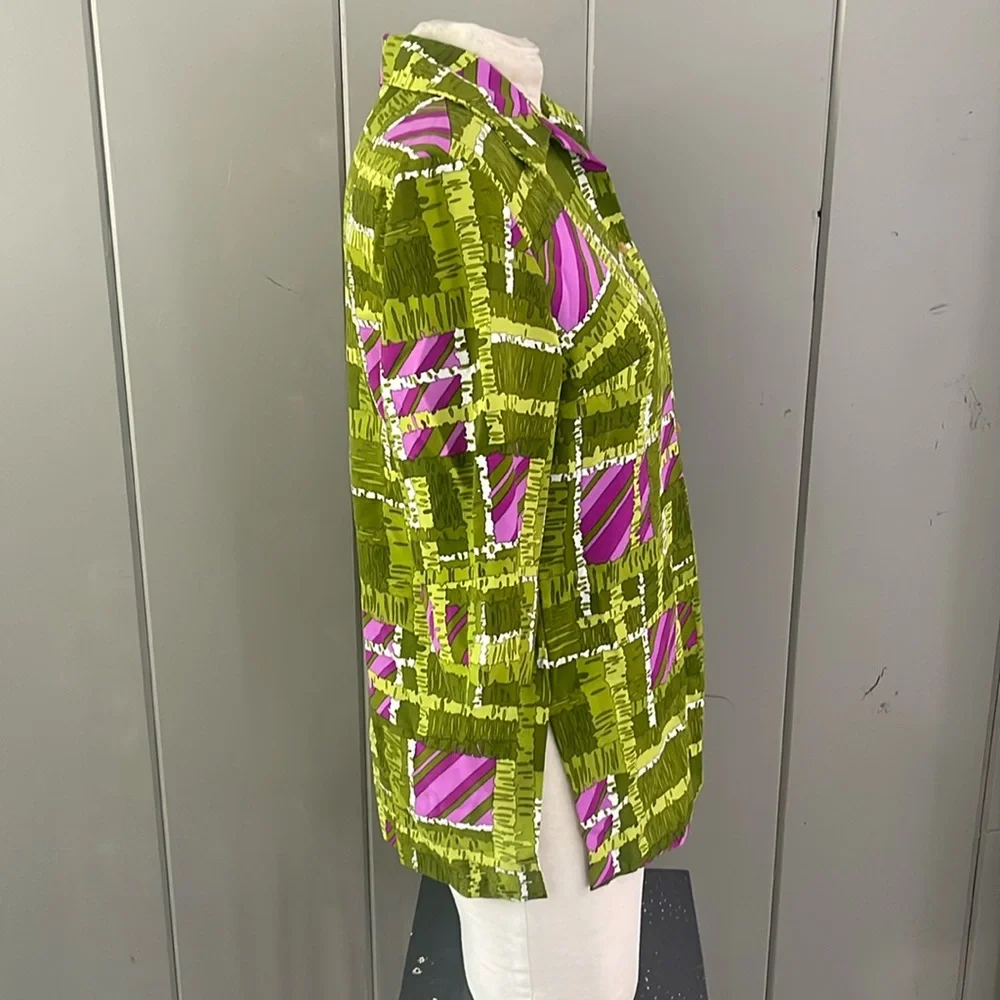 Pykettes Blouse Green Purple Vintage 60s 70s Mod Boho Hippie Retro Geometric